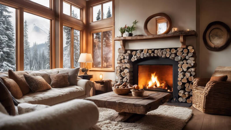 cozy interior of living room with fire place