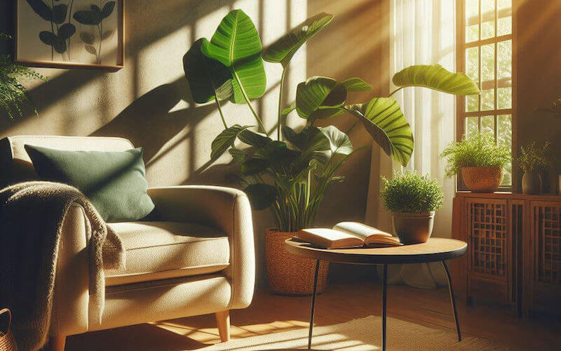 illustration of sun light shining through a window and warming up the living room